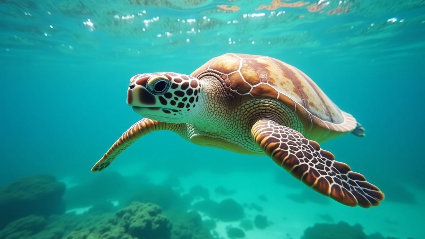 Tartaruga-de-pente nadando em águas cristalinas.