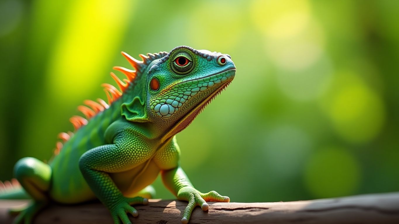 Iguana verde em um galho, detalhes claros.